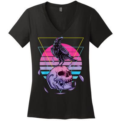 Vaporwave Skull And Crow Retro Aesthetic Pastel Goth Art Women's V-Neck T-Shirt
