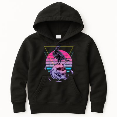 Vaporwave Skull And Crow Retro Aesthetic Pastel Goth Art Kids Hoodie