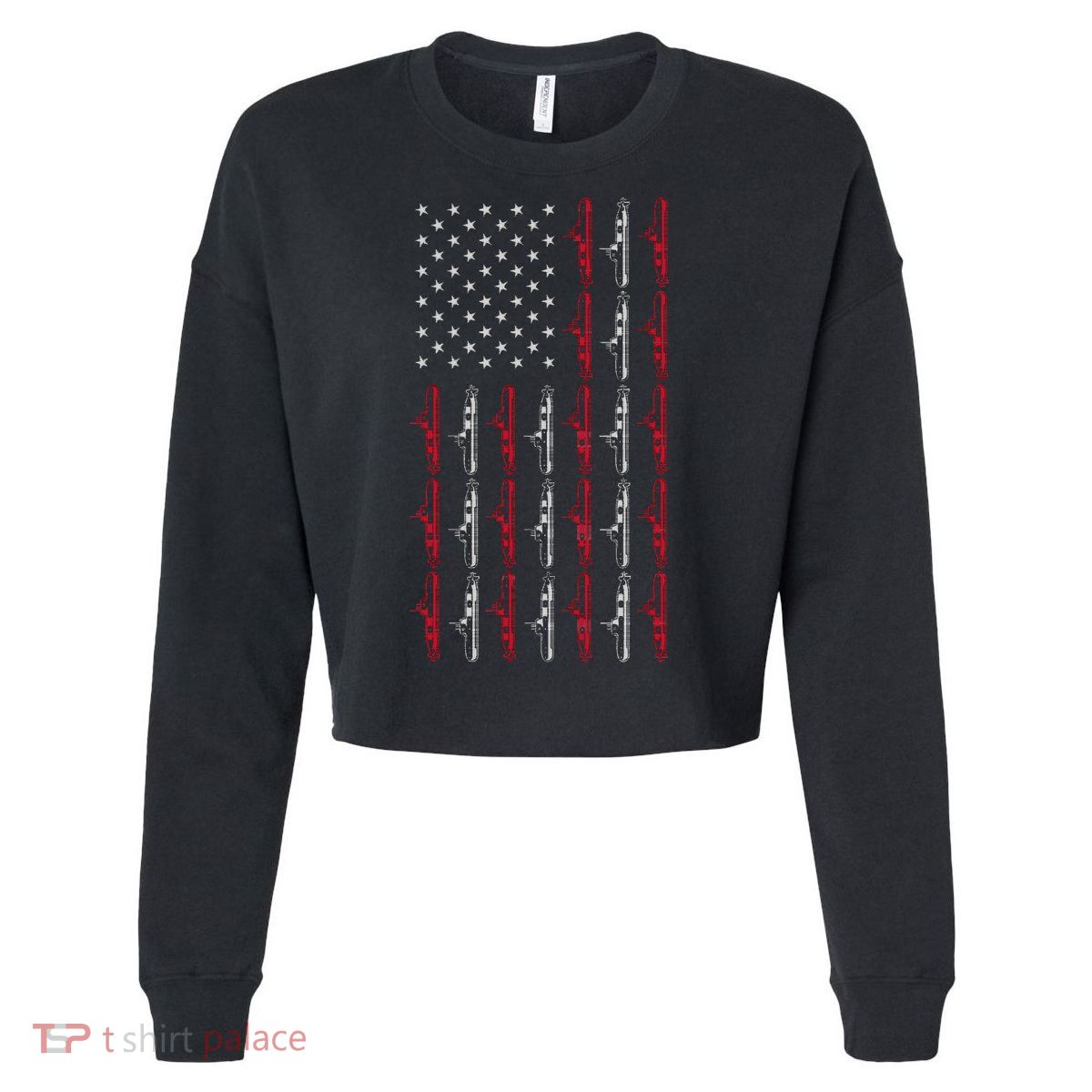 Vintage Submarine American Flag Funny 4th Of July Cropped Pullover Crew