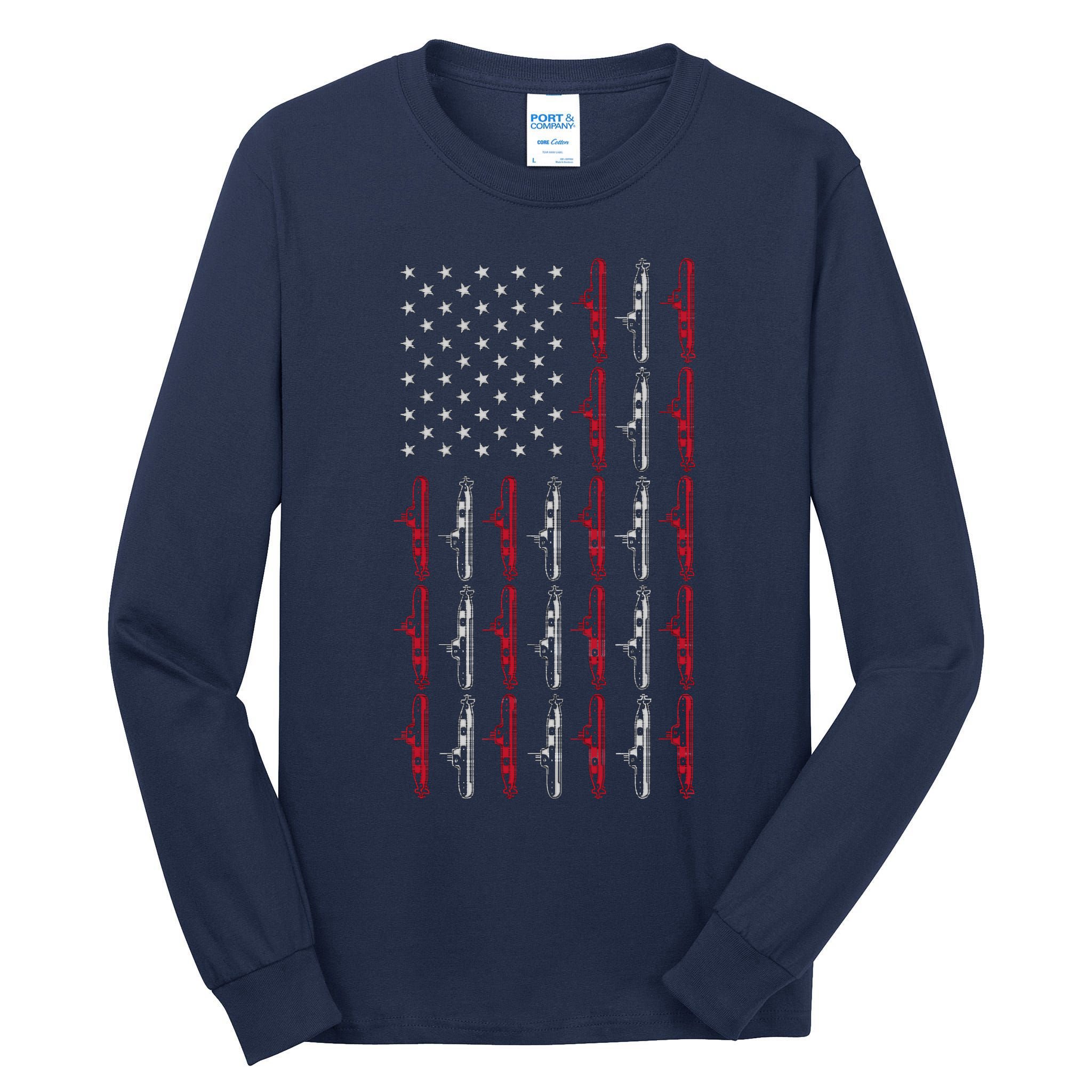 Vintage Submarine American Flag Funny 4th Of July Tall Long Sleeve T-Shirt