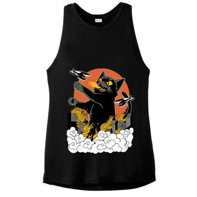 Vintage Sunset Attack Giant Cat Black Japanese Catzilla Sunset Ladies PosiCharge Tri-Blend Wicking Tank