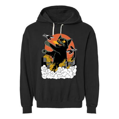 Vintage Sunset Attack Giant Cat Black Japanese Catzilla Sunset Garment-Dyed Fleece Hoodie