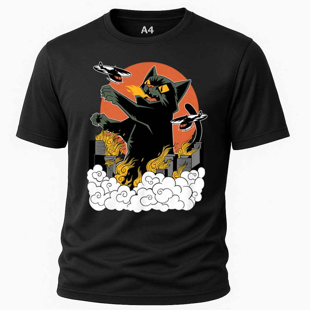 Vintage Sunset Attack Giant Cat Black Japanese Catzilla Sunset Cooling Performance Crew T-Shirt