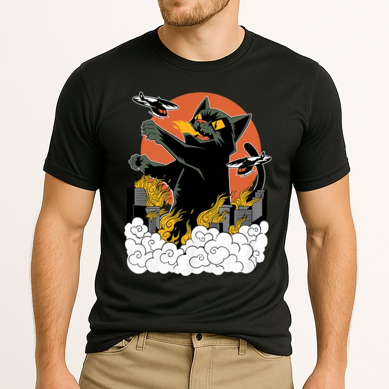 Vintage Sunset Attack Giant Cat Black Japanese Catzilla Sunset Cooling Performance Crew T-Shirt
