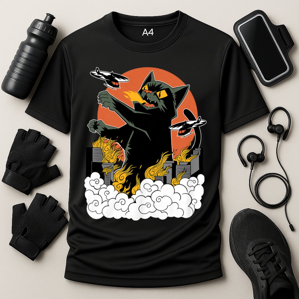 Vintage Sunset Attack Giant Cat Black Japanese Catzilla Sunset Cooling Performance Crew T-Shirt