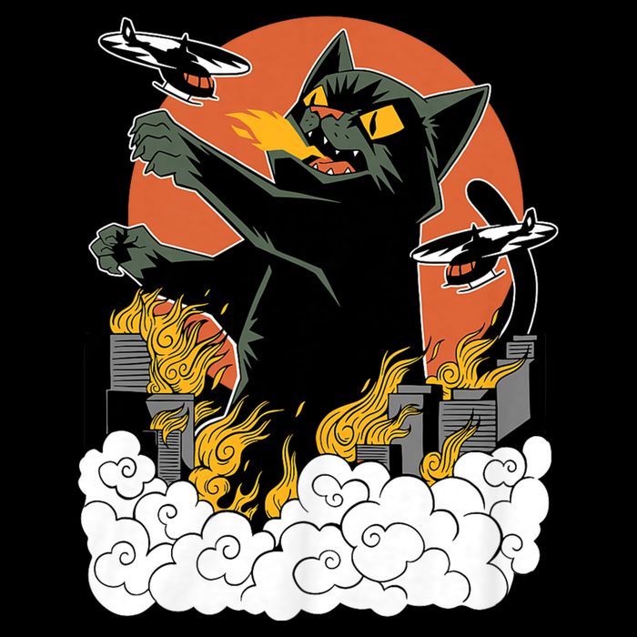 Vintage Sunset Attack Giant Cat Black Japanese Catzilla Sunset Cooling Performance Crew T-Shirt
