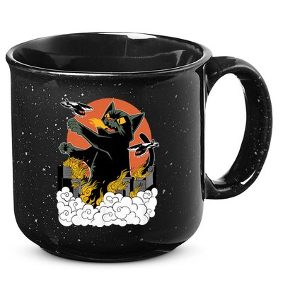 Vintage Sunset Attack Giant Cat Black Japanese Catzilla Sunset 15oz Campfire Ceramic Mug