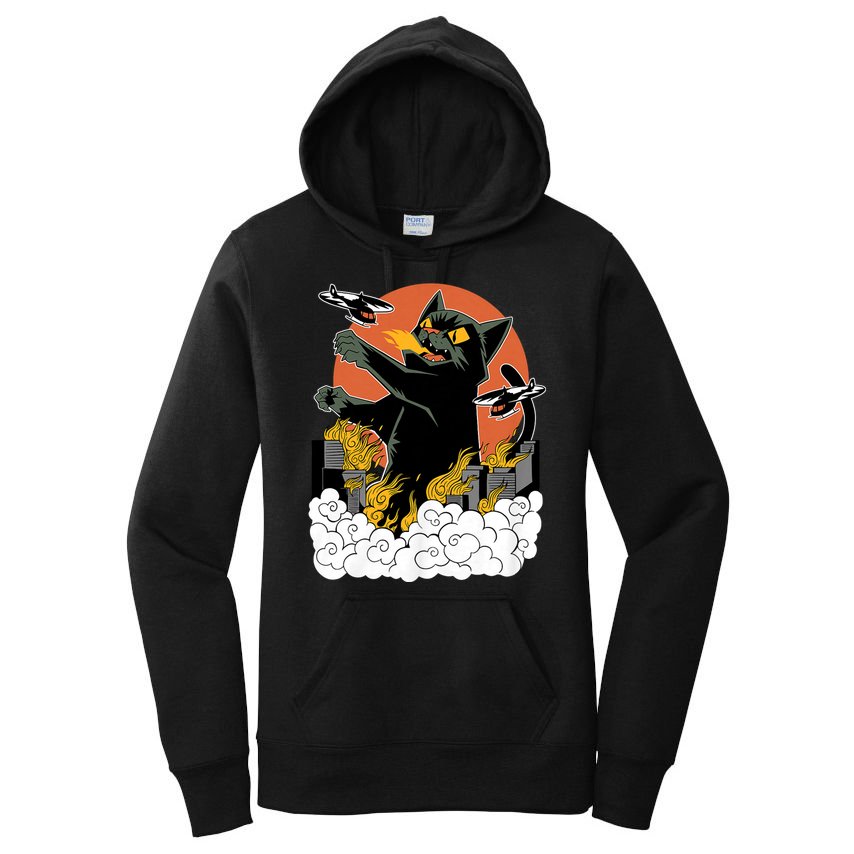 Vintage Sunset Attack Giant Cat Black Japanese Catzilla Sunset Women's Pullover Hoodie