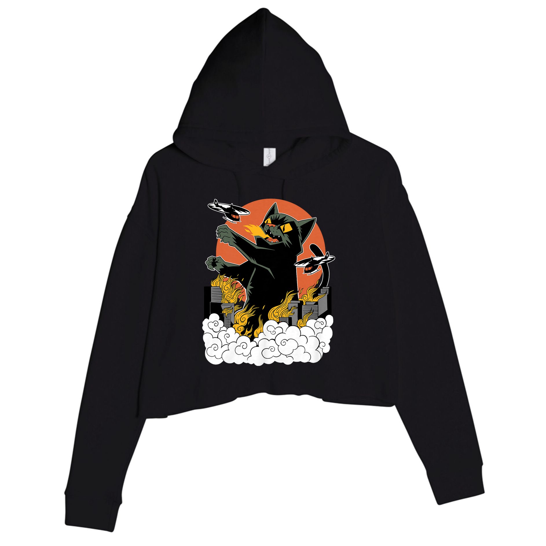 Vintage Sunset Attack Giant Cat Black Japanese Catzilla Sunset Crop Fleece Hoodie