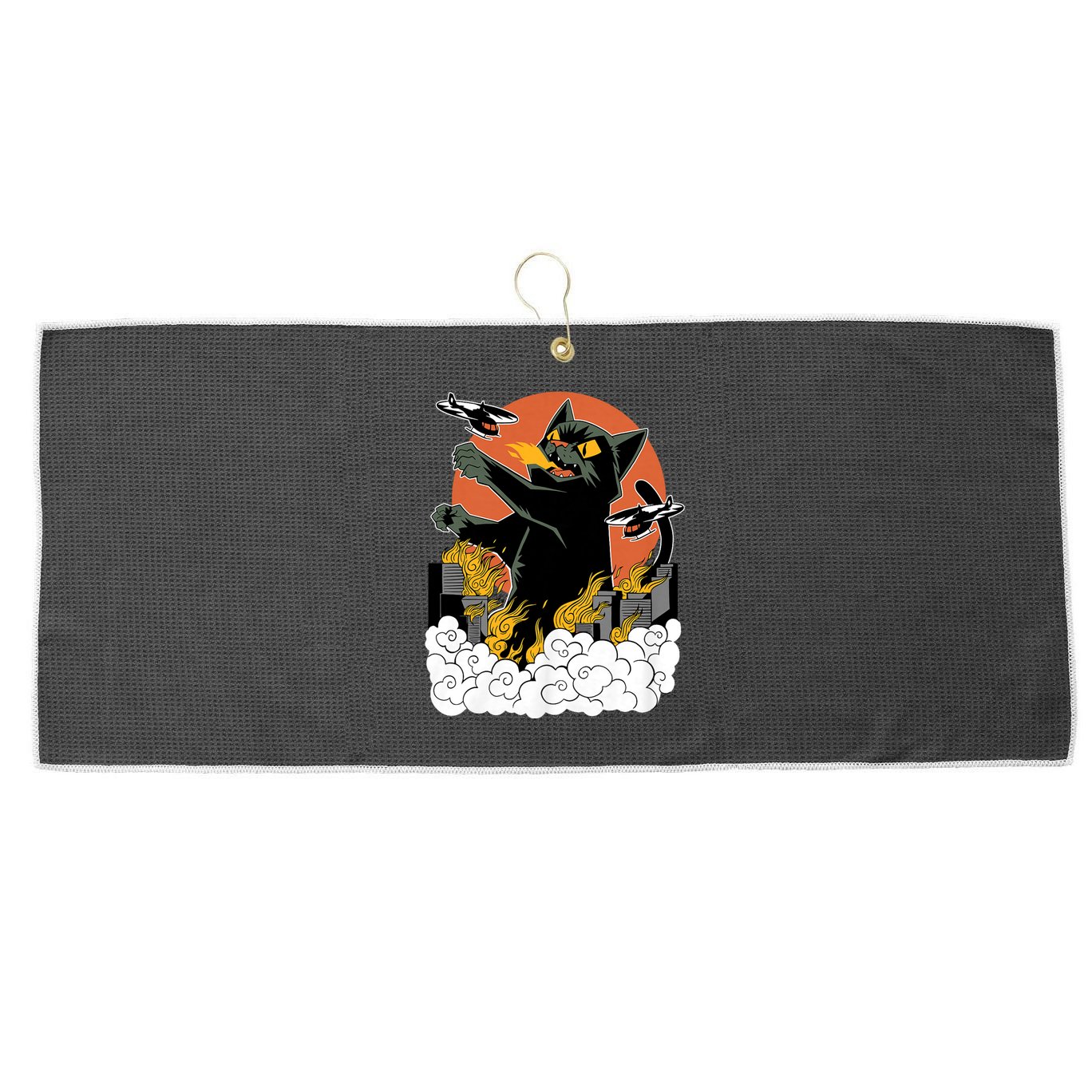 Vintage Sunset Attack Giant Cat Black Japanese Catzilla Sunset Large Microfiber Waffle Golf Towel