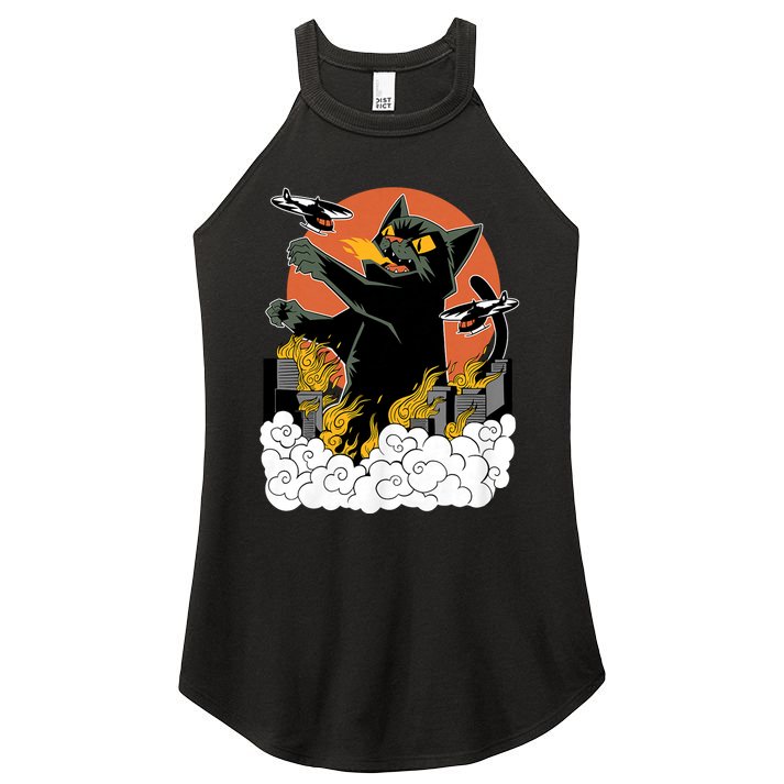 Vintage Sunset Attack Giant Cat Black Japanese Catzilla Sunset Women's Perfect Tri Rocker Tank