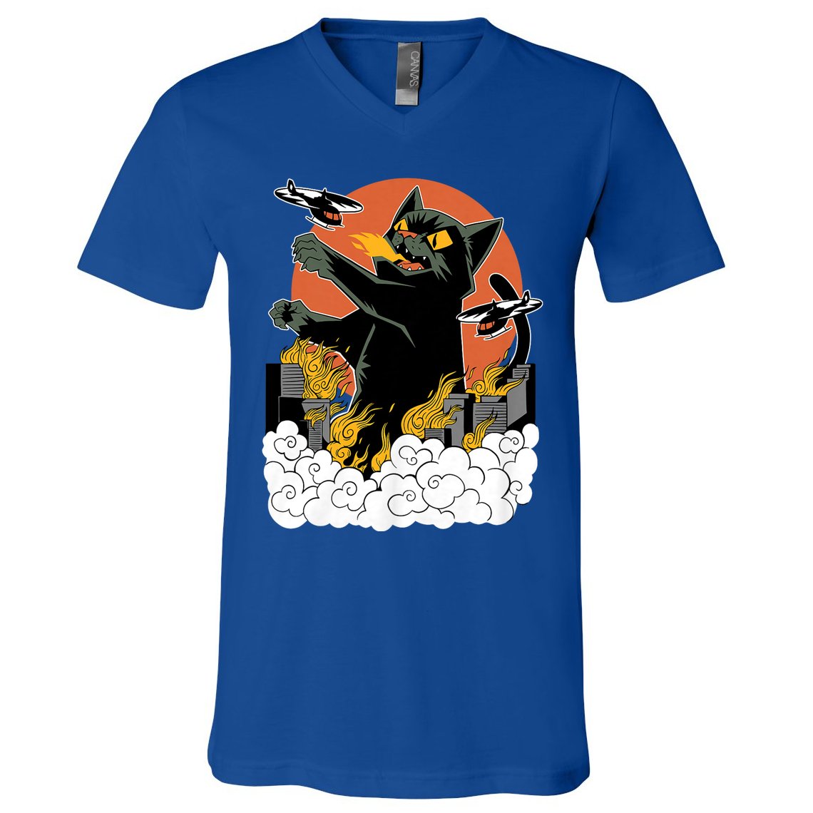 Vintage Sunset Attack Giant Cat Black Japanese Catzilla Sunset V-Neck T-Shirt