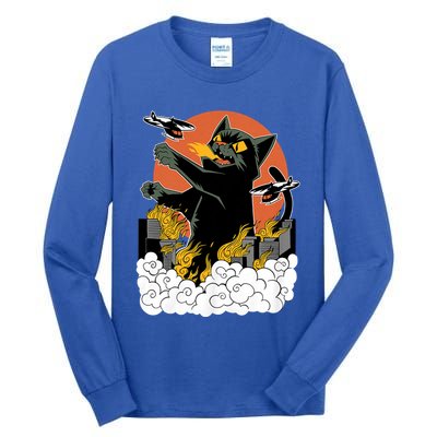 Vintage Sunset Attack Giant Cat Black Japanese Catzilla Sunset Tall Long Sleeve T-Shirt