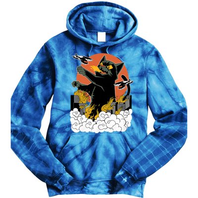 Vintage Sunset Attack Giant Cat Black Japanese Catzilla Sunset Tie Dye Hoodie