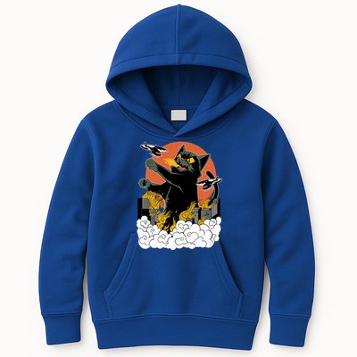 Vintage Sunset Attack Giant Cat Black Japanese Catzilla Sunset Kids Hoodie