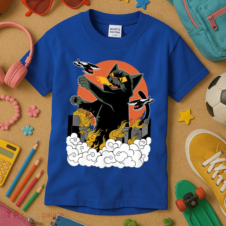 Vintage Sunset Attack Giant Cat Black Japanese Catzilla Sunset Kids T-Shirt