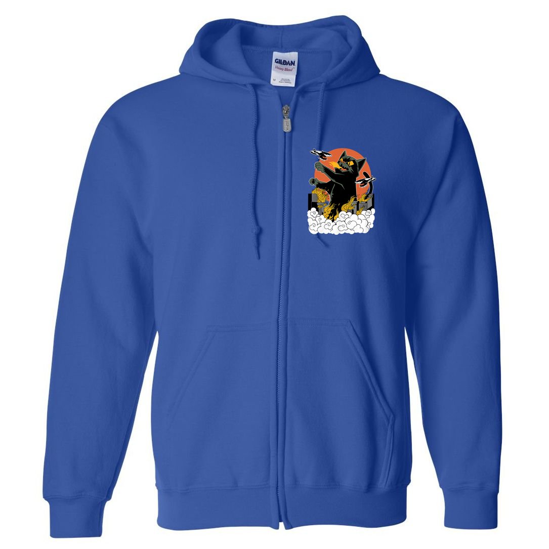 Vintage Sunset Attack Giant Cat Black Japanese Catzilla Sunset Full Zip Hoodie
