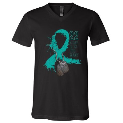 Veteran Suicide Awareness Ribbon 22 A Day Is 22 Too Many V-Neck T-Shirt