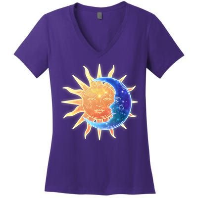 Vintage Sun And Moon Galaxy Women's V-Neck T-Shirt