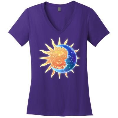 Vintage Sun And Moon Galaxy Women's V-Neck T-Shirt