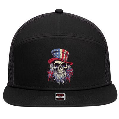 Vintage Skull American Flag Hat 4th Of July Patriotic 7 Panel Mesh Trucker Snapback Hat