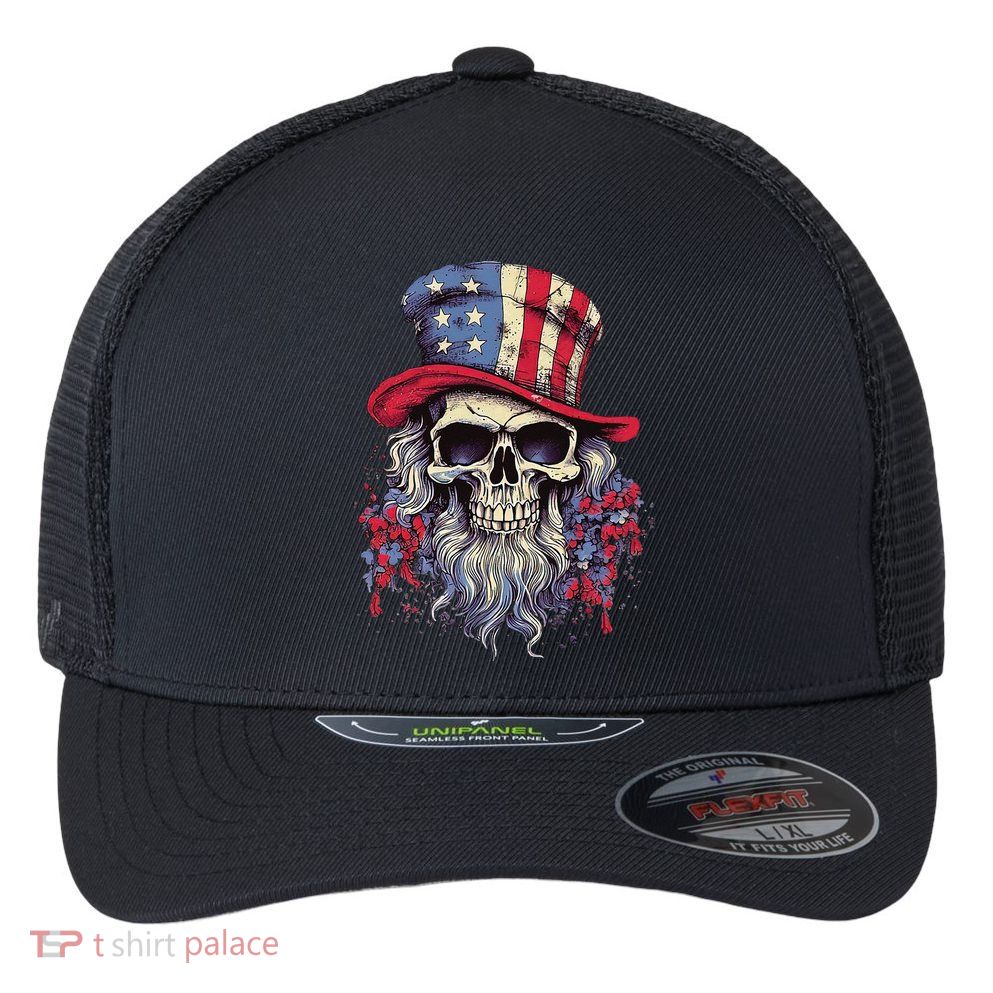 Vintage Skull American Flag Hat 4th Of July Patriotic Flexfit Unipanel Trucker Cap