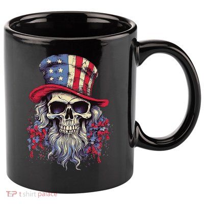 Vintage Skull American Flag Hat 4th Of July Patriotic 11oz C Handle Ceramic Mug