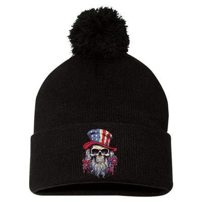 Vintage Skull American Flag Hat 4th Of July Patriotic Pom Pom 12in Knit Beanie