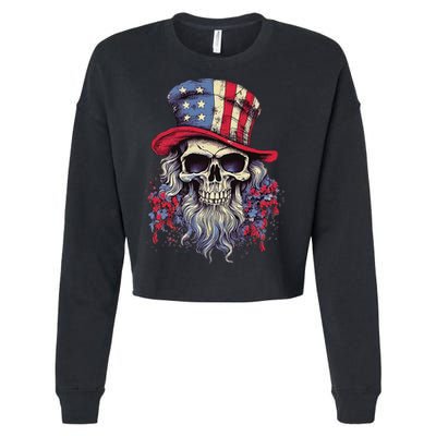 Vintage Skull American Flag Hat 4th Of July Patriotic Cropped Pullover Crew