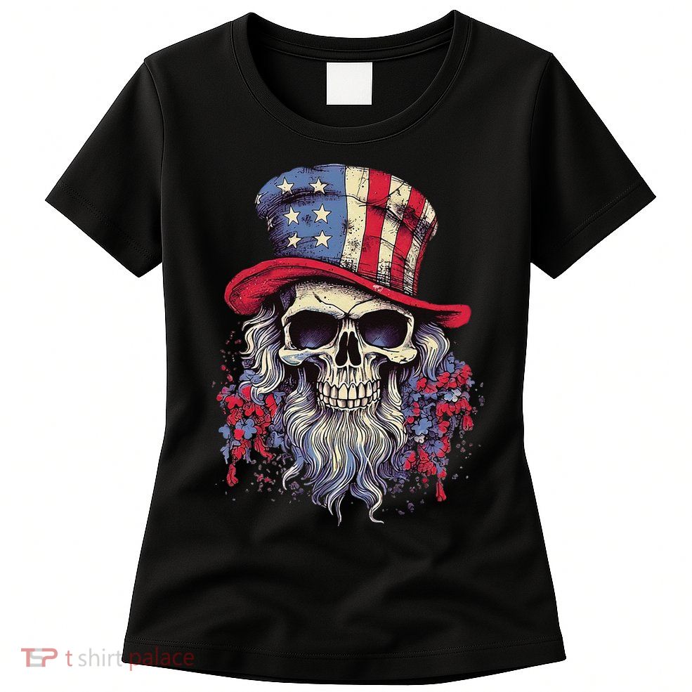 Vintage Skull American Flag Hat 4th Of July Patriotic Womens T-Shirt