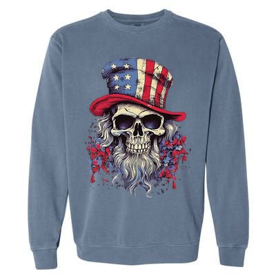 Vintage Skull American Flag Hat 4th Of July Patriotic Garment-Dyed Sweatshirt