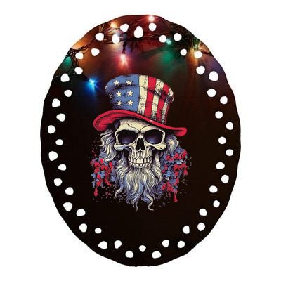 Vintage Skull American Flag Hat 4th Of July Patriotic Ceramic Oval Ornament