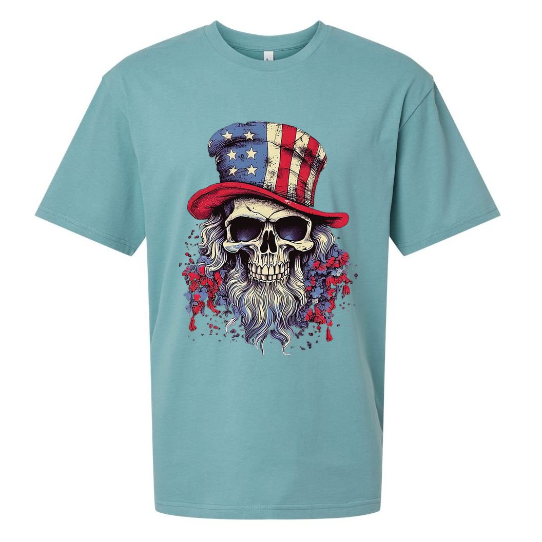 Vintage Skull American Flag Hat 4th Of July Patriotic Sueded Cloud Jersey T-Shirt