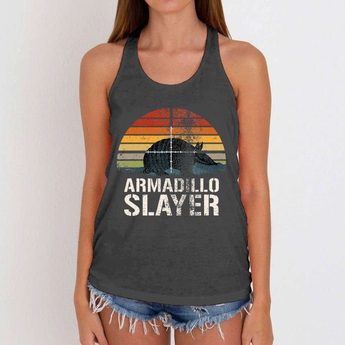 Vintage Sunset Armadillo S.L.A.Y.E.R Armadillo Hunter Gift Women's Knotted Racerback Tank