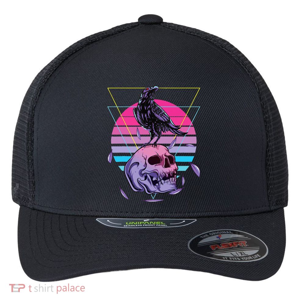 Vaporwave Skull And Crow Retro Aesthetic Pastel Goth Art Flexfit Unipanel Trucker Cap