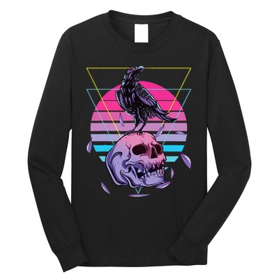 Vaporwave Skull And Crow Retro Aesthetic Pastel Goth Art Long Sleeve Shirt