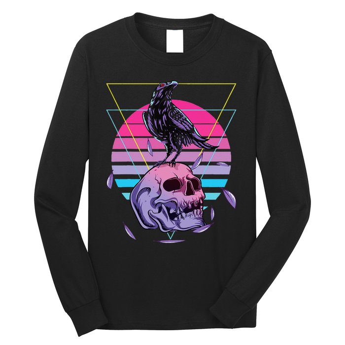 Vaporwave Skull And Crow Retro Aesthetic Pastel Goth Art Long Sleeve Shirt
