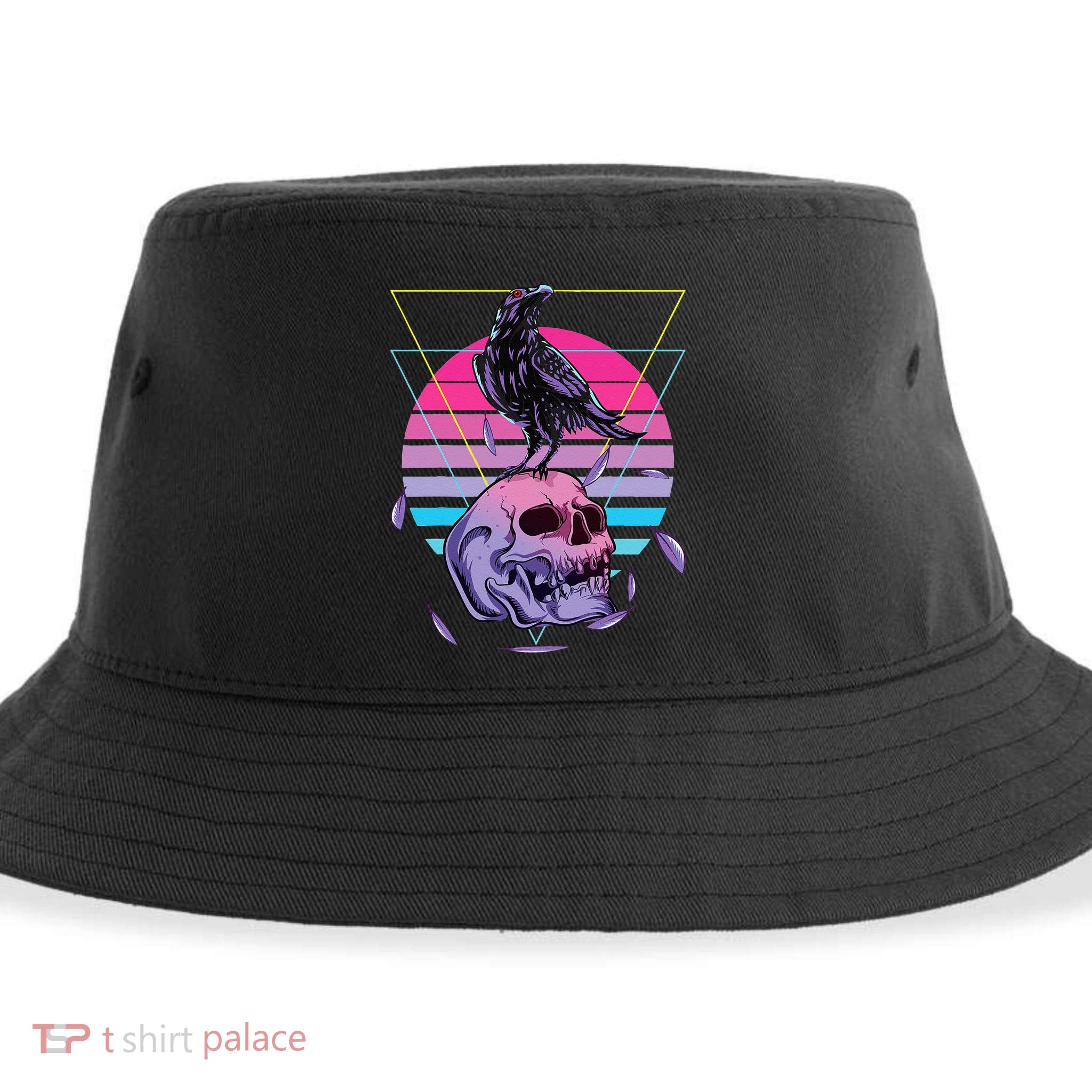 Vaporwave Skull And Crow Retro Aesthetic Pastel Goth Art Sustainable Bucket Hat