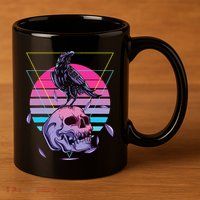 Vaporwave Skull And Crow Retro Aesthetic Pastel Goth Art 11oz C Handle Ceramic Mug