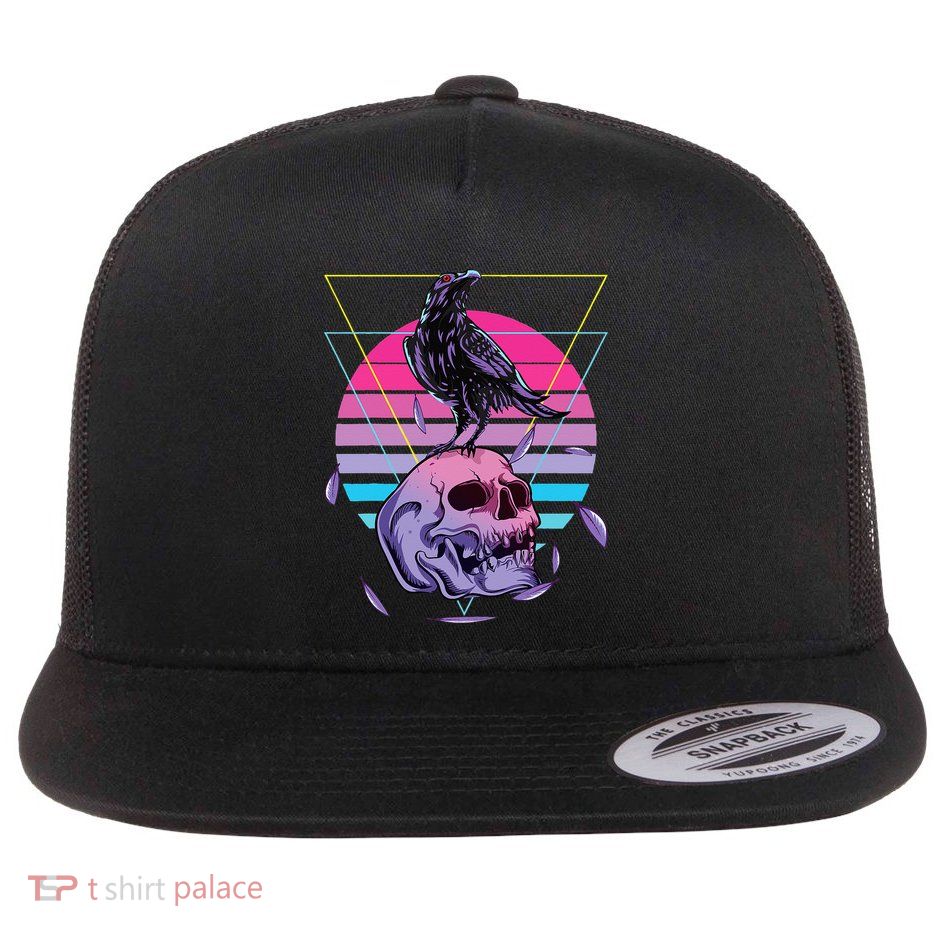 Vaporwave Skull And Crow Retro Aesthetic Pastel Goth Art Flatbill Hat