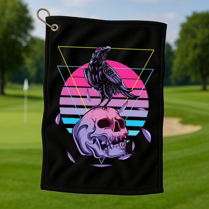 Vaporwave Skull And Crow Retro Aesthetic Pastel Goth Art Golf Towel