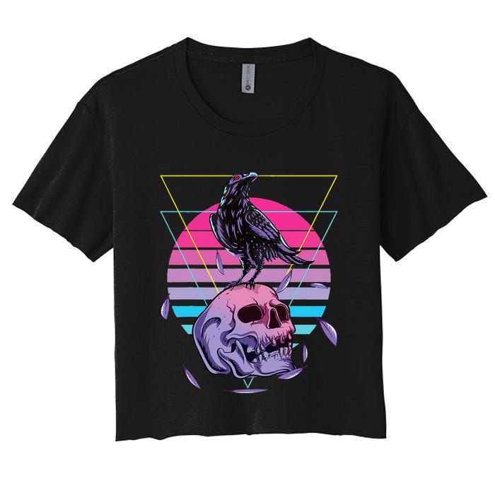 Vaporwave Skull And Crow Retro Aesthetic Pastel Goth Art Women's Crop Top Tee