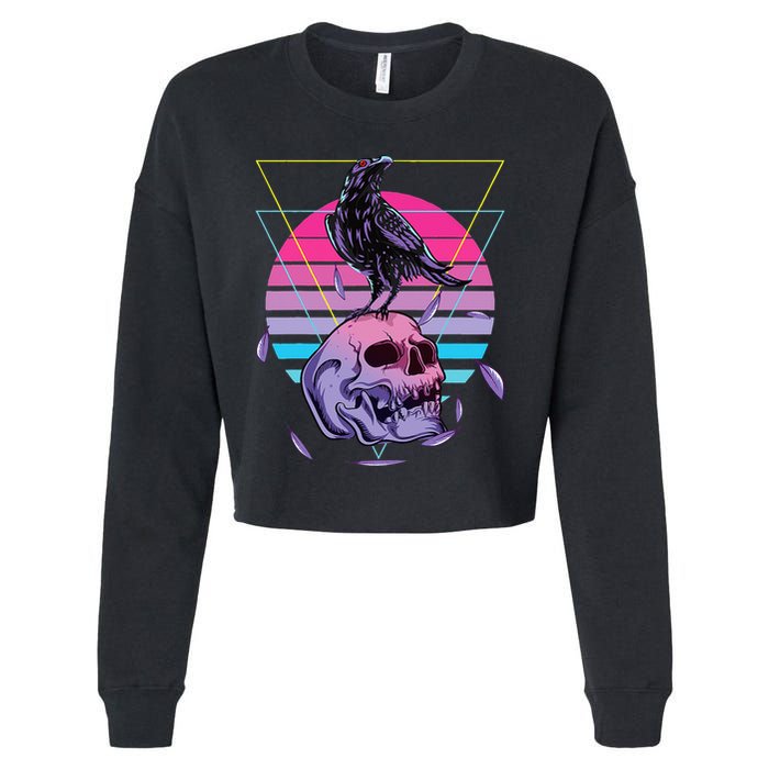 Vaporwave Skull And Crow Retro Aesthetic Pastel Goth Art Cropped Pullover Crew