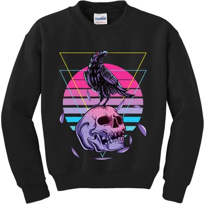 Vaporwave Skull And Crow Retro Aesthetic Pastel Goth Art Kids Sweatshirt
