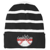 Vintage Style Boston Baseball Tee Striped Beanie with Solid Band