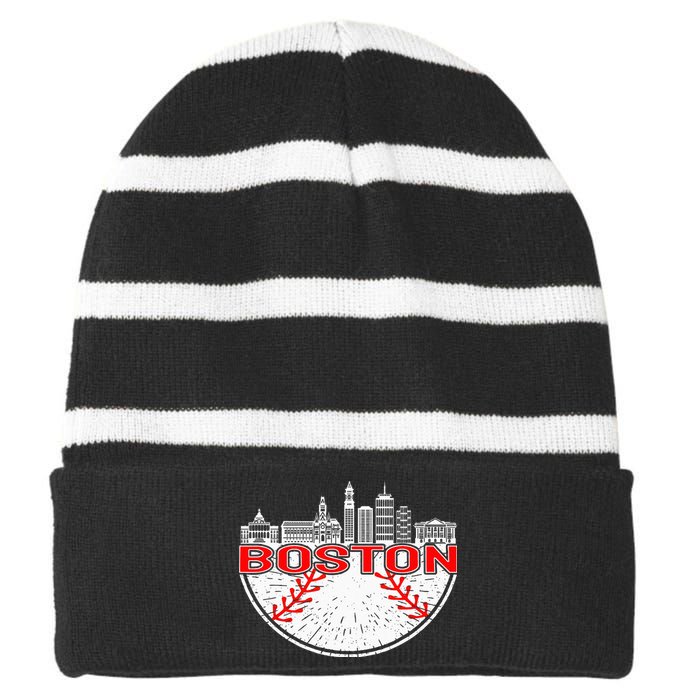 Vintage Style Boston Baseball Tee Striped Beanie with Solid Band