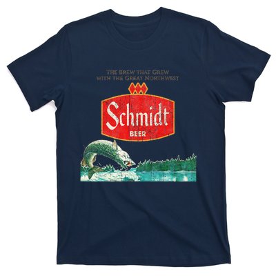 Vintage Schmidt Beer Retro Defunct Fishing Nature Scene T-Shirt