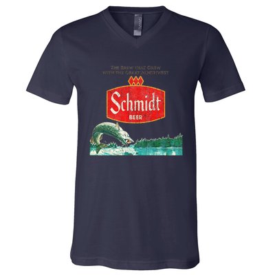 Vintage Schmidt Beer Retro Defunct Fishing Nature Scene V-Neck T-Shirt