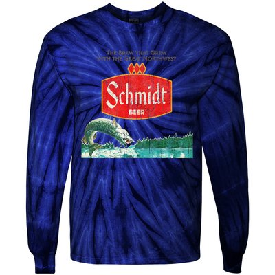 Vintage Schmidt Beer Retro Defunct Fishing Nature Scene Tie-Dye Long Sleeve Shirt