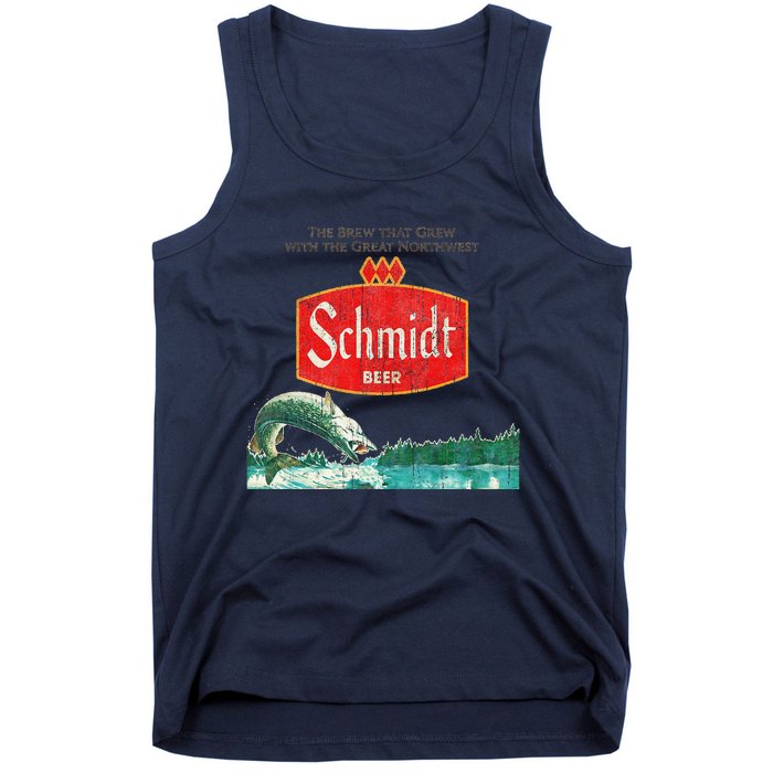 Vintage Schmidt Beer Retro Defunct Fishing Nature Scene Tank Top